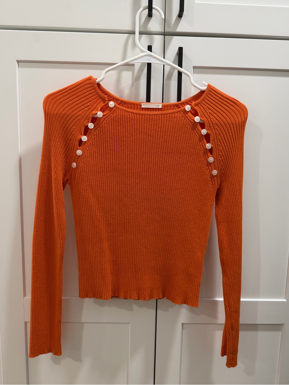 Orange Ribbed Button-Accent Long Sleeve Top